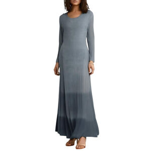 Barbara Lesser Vintage Maxi Dress M Blue Crinkle Texture Ombre Long Sleeve USA